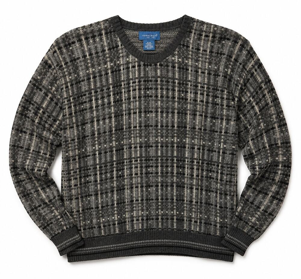 NWT Towncraft Vintage Crewneck Sweater Gray Plaid Size XL